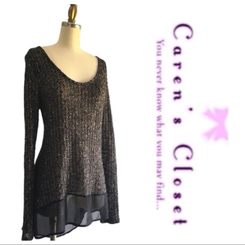 Lush Taupe & Black Knit Sweater with Attached Chiffon Shirt Hem Top. - Picture 2 of 7